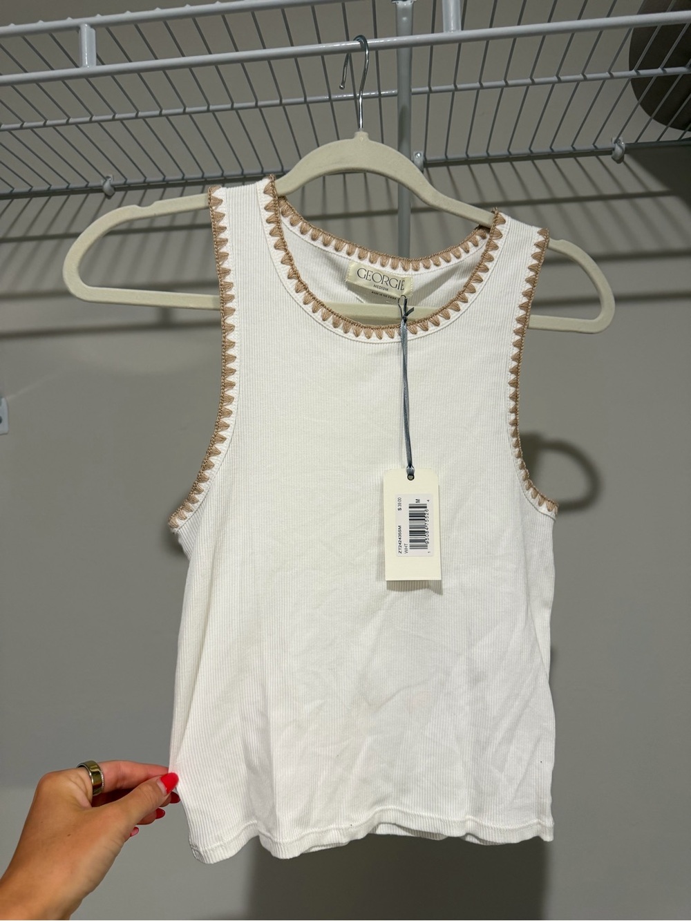 Georgie Ribbed Tank with Beige Trim - White